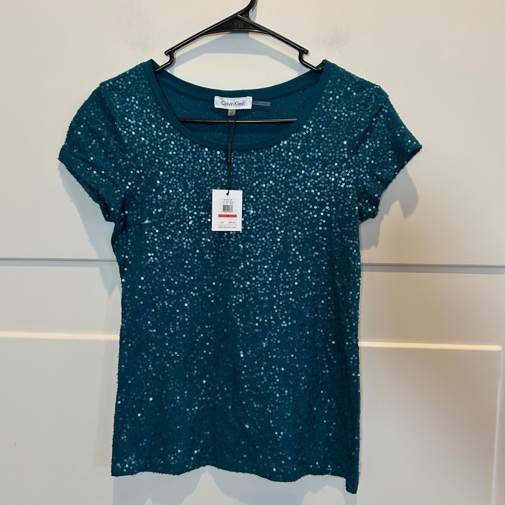 Calvin Klein Womens XS Teal Sequin Short Sleeve Scoop Neck Top Shirt NWT MSP $59